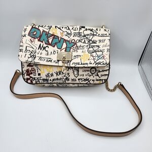 DKNY Vintage Sina Crossbody Purse Cream With Graffiti Chain Strap